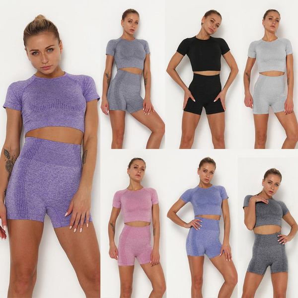 

women seamless yoga set fitness sports suits gym clothing short sleeve + shorts high waist running leggings workout shorts#3, White;red