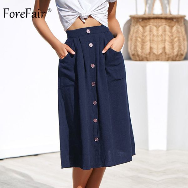 

forefair linen long skirts for women 2019 elastic waist pockets casual plus size bohemian a line high waist midi skirt, Black