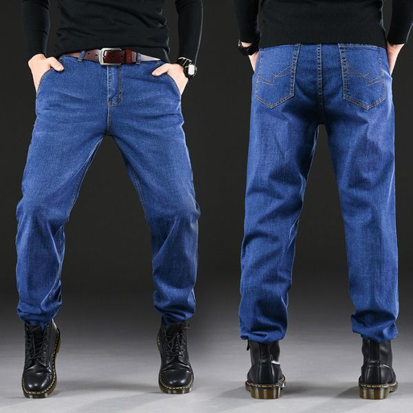 

men's jeans men pants large size 44 46 48 trousers high strech elastic waist denim straight 6xl 7xl 8xl, Blue
