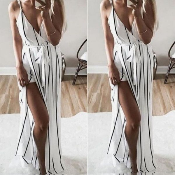 

2019 summer dress fashion women's signature slit stripe dress with thin shoulder strap v-neck bandage vestidos robe femme, Black;gray