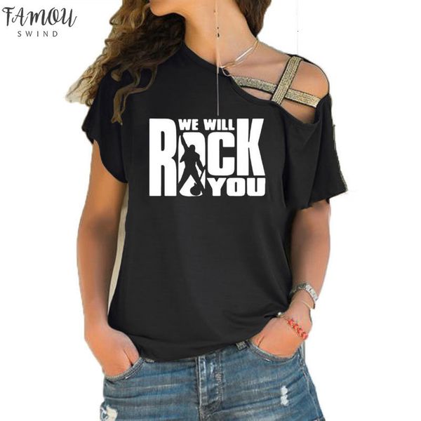 

We Will Rock You Women T Shirt Summer Queen Rock Women Band T Shirt Short Sleeve Rock Roll Womens Irregular Skew Cross, White