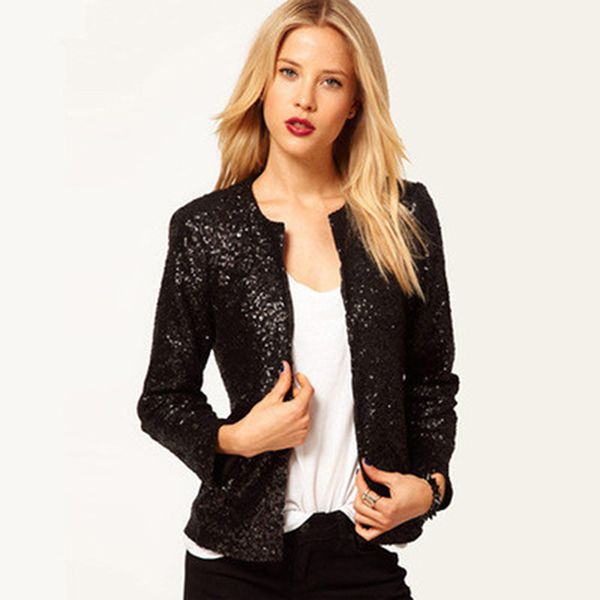 

ms. suit jacket europe blingbling new sequined long-sleeved jacket dark buckle round neck small suit, White;black