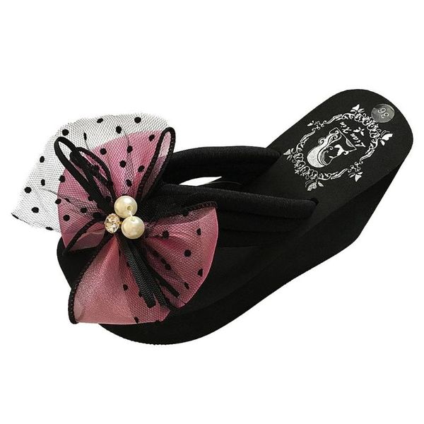 

jaycosin sandals shoes woman ladies girls pearl bowknot wedges flip flops sandals slippers beach shoes slippers women, Black