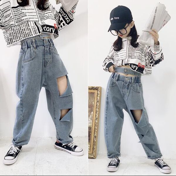 

2020 new wholesale girls denim wide pants holes fashion spring girls jean pants 4-9t c572, Blue