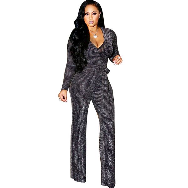

bandage v-neck glitter wide leg jumpsuit women loose elegant silver silk romper with sashes ribbed nightclub party overalls, Black;white