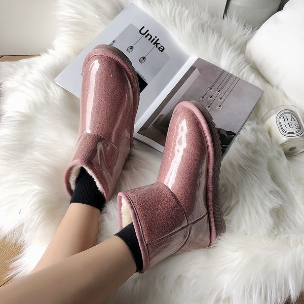 

2019 winter women plush lining waterproof transparent fabric snow boots flat with black/beige emu boots cotton shoes