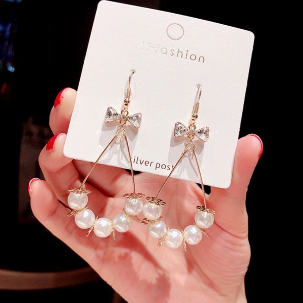 

блестящая сторона новой марки ювелирных изделий элегантный bowknot падение серьги для женщин подарка pearl мотаться серьги, Silver