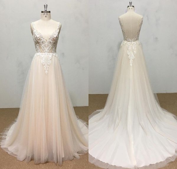 

bohemian a line modest wedding dresses tulle lace applique formal dress v neck spaghetti sleeveless backless sweep train bridal gowns, White