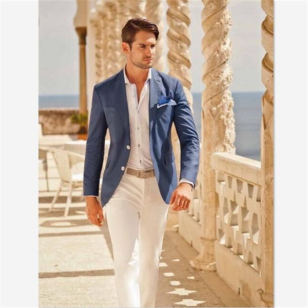 

men's suits & blazers mens casual custom design summer beach wedding blue blazer white pants 2 pieces (jacket+pants) street prom man, White;black
