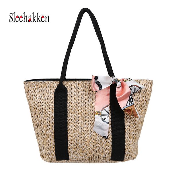 

ins straw bag travel vacation beach bag woven casual high capacity shoulder bow ribbon handbag designed for women 2019