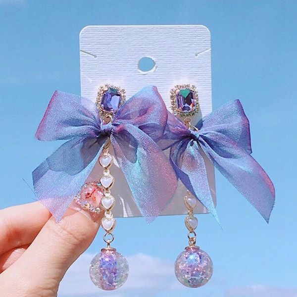 

mengjiqiao 2019 new korean sweet purple crystal yarn bowknot heart long drop earrings for women fashion holiday party jewelry, Silver