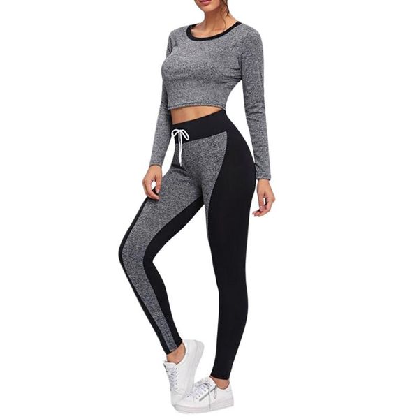 

2020 fashion tracksuit women two piece set sport long sleeve splice lacing round neck casual pants loose set ensemble#y15, White;black