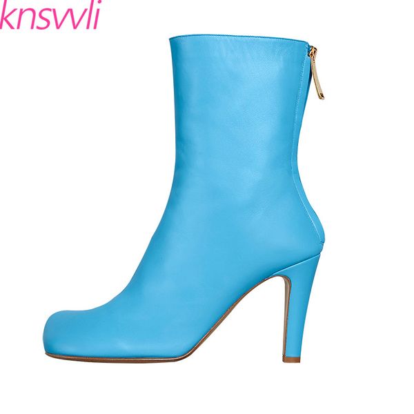 

boots 2021 genuine leather blue ankle women back zip square toe winter shoes woman high heels short, Black