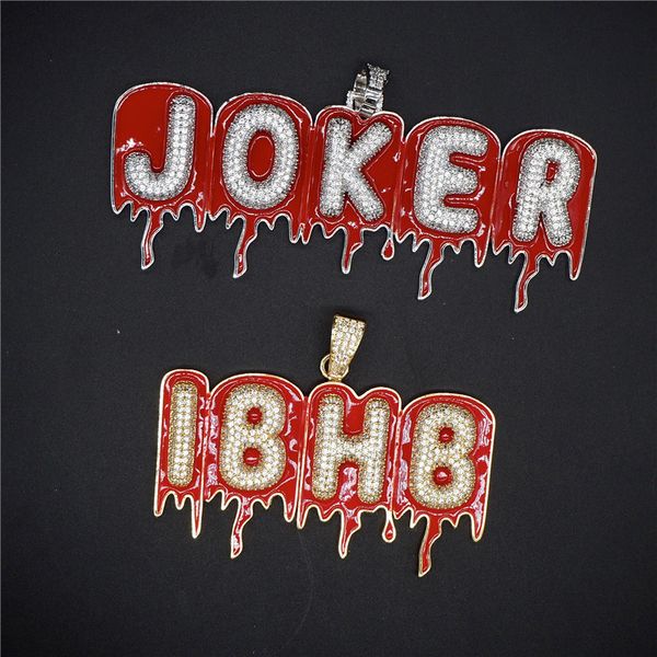 

iced out custom name bubble red oil drip letter necklace pendant micro paved cz men hip hop jewelry gift, Silver