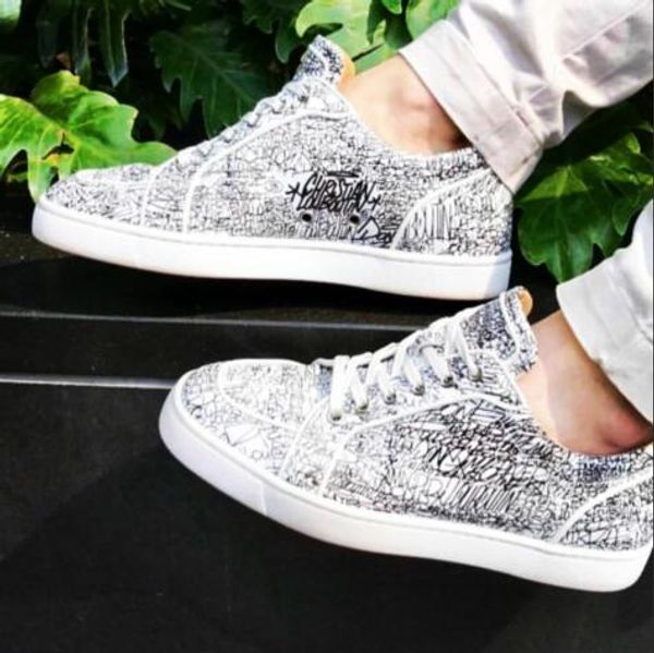 

origainl box]low cut rantulow casual flats, graffiti patent leather brands women,men red bottom sneakers shoes ing, Black