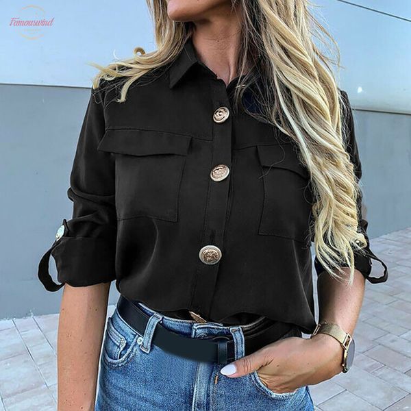 

women solid color blouse long sleeve button suit collar casual work office blouse shirt autumn womens blouse, White