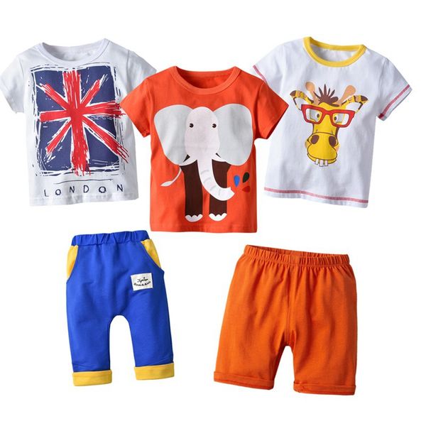 

5pcs/set girls boys clothing set children 2019 summer boys clothes cartoon kids clothing set t-shit+shorts cotton 2-6y, White