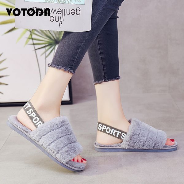 

winter warm women fluffy plush slippers heel strappy slides ladies slip flats shoes female fur slippers woman lovely home shoes, Black