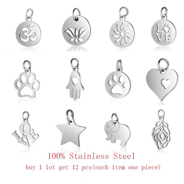 

mix 12pcs/lot 100% stainless steel dog cat animal charm wholesale sun om lotus heart pendants for diy jewelry making, Bronze;silver