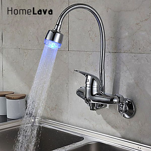 

flexible chrome finish single handle color changing led wall mount kitchen faucet