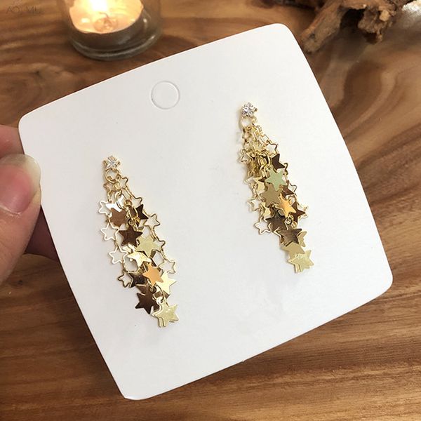 

aomu 2019 korean fashion metal gold shiny crystal star hollow pentagram tassel statement drop earrings for women girl party, Silver