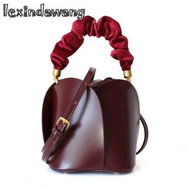 

flower bucket bag cow leather velvet handle female handbag small mini shoulder slung bag 2019 lady evening wedding bags