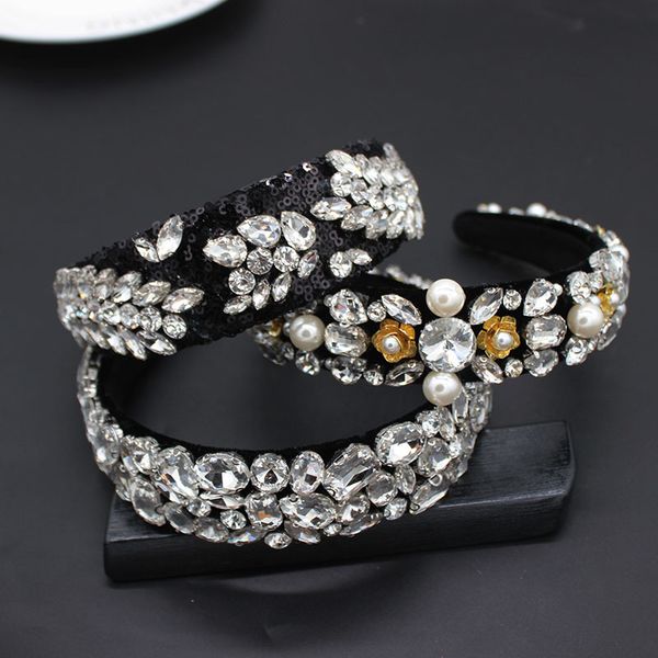 

baroque iron flower pearl flower headband full pearl sun flower white geometry with luxury dance party catwalk headband 904, Golden;white