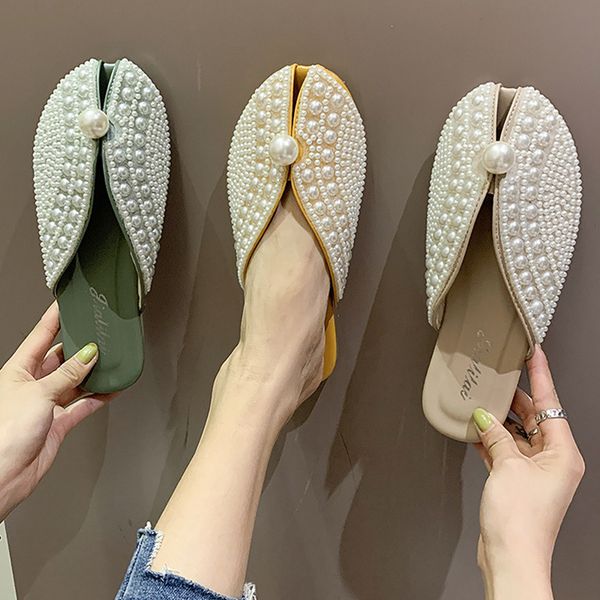 

cover toe shoes mules for women 2019 string bead slippers summer slides pantofle fashion low flat new rubber pu retro, Black