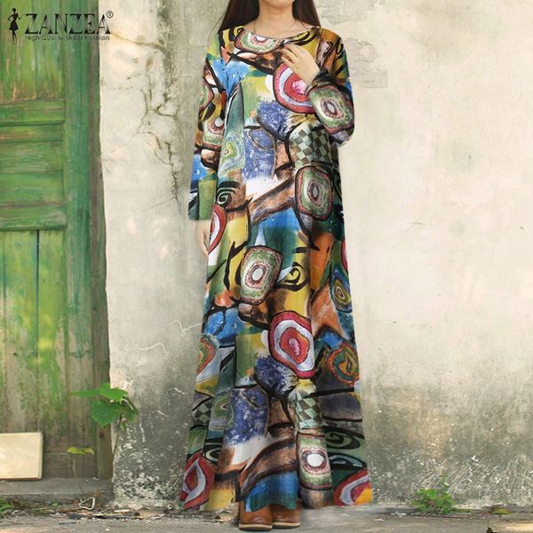 

zanzea bohemian long sleeve floral printed sundress women maxi long dresss spring vestido femme robe loose kaftan vintage dress7, Black;gray