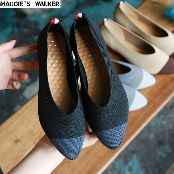 

maggie's walker women's casual shoes soft bottom knitted flats pointed-toe shallow-mouth mixed-color flats for autumn size 36~40, Black