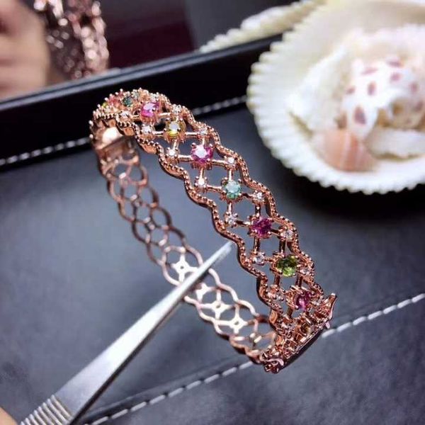 

natural multicolor tourmaline gem bangles natural gemstone bangles s925 silver bracelet ancient net women party gift jewelry, Golden;silver