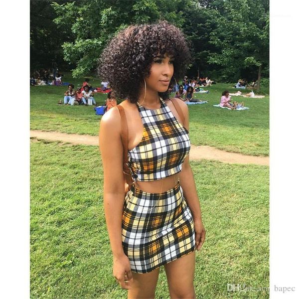 

дизайнер женщина 2шт летнее платье мода короткое платье из двух частей спорт сексуальная плед из двух частей платье, White