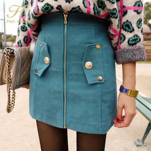 

h han queen korean style high waist sheath bodycon skirts women 2019 winter zippers pockets mini skirt retro casual pencil skirt, Black