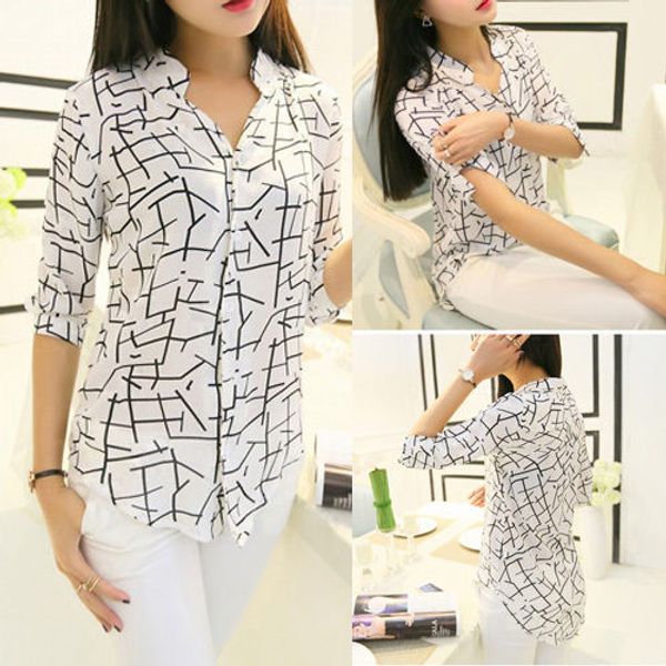 

korean fashion women 3/4 sleeve elegant print chiffon shirts summer blouses trun-down collar chiffon casual shirts, White