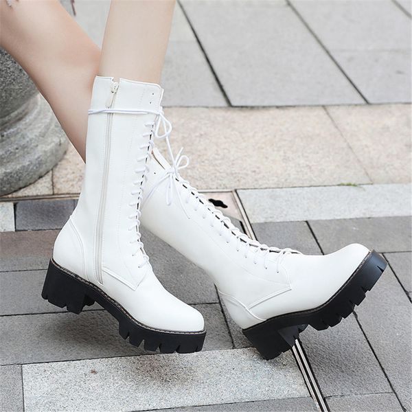

sarairis plus size 43 shoelaces cool street chunky heels shoes woman boots female casual motorcycle boots women, Black