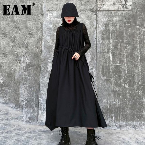 

eam] women black pleated split temperament dress new round neck sleeveless loose fit fashion tide spring autumn 2020 1r659, Black;gray