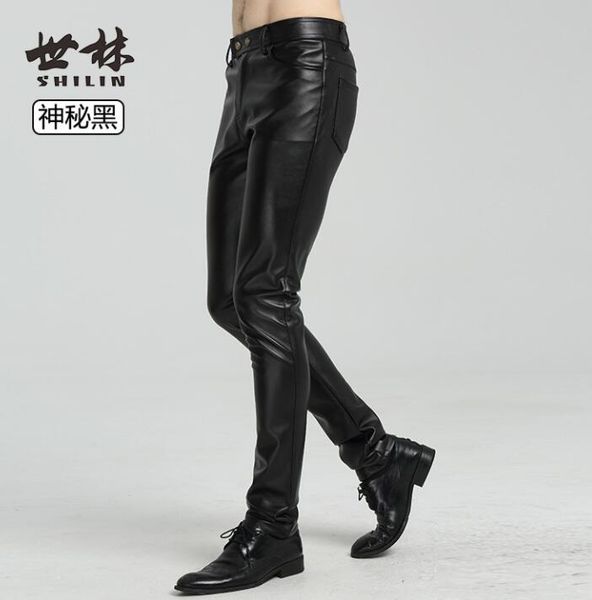 

plus velvet fashion motorcycle faux leather pants mens feet pants tight pu trousers for men pantalon homme black korean black