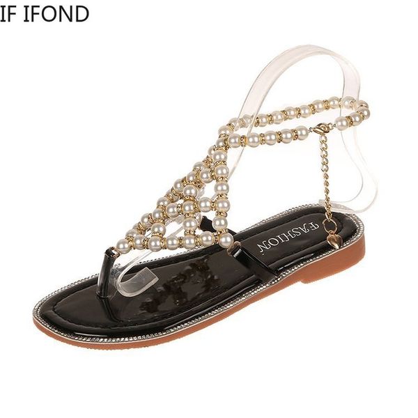 

if ifond 2020 vintage boho sandals women beading flats bohimia beach shoes summer fashion woman bling soft bottom flip flops, Black