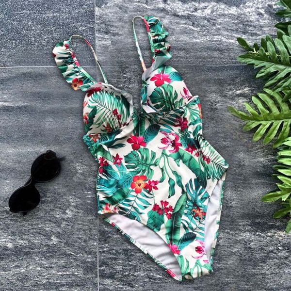 

new 2019 one piece swimsuit female printed floral halter bandage brazilian swimwear women bathing suits swimming, White;black