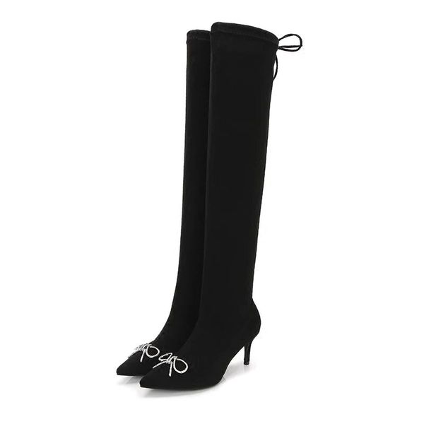 

women luxurious rhinestone pointed toe over knee thin heel boots bling bling crystal slim high heel long boots wedding shoes, Black