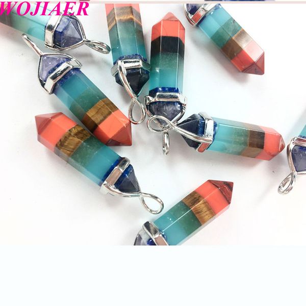 

wojiaer hexagon shape pendant natural stone 7 chakra pendants for women men yoga reiki healing bead fashion jewelry dd9003, Silver