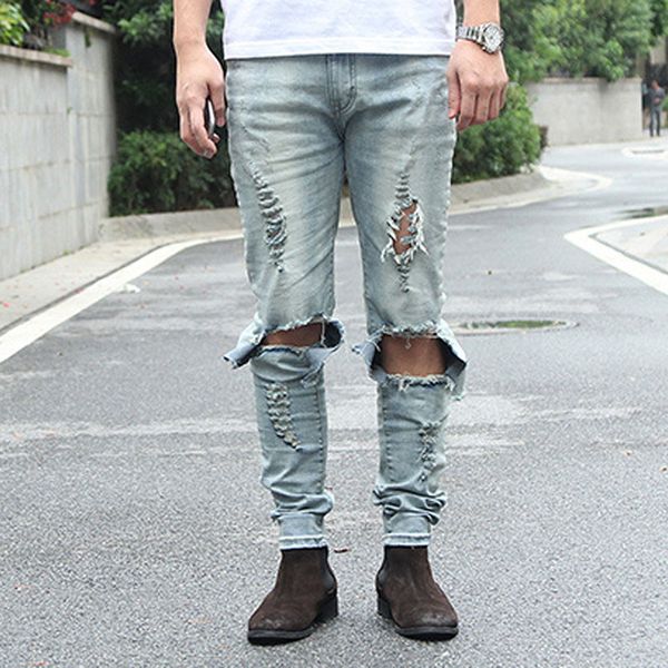 

cool mens hip hip jeans skinny pencil men kanye west denim pants destroyed distressed ripped jeans with holes for men, Blue