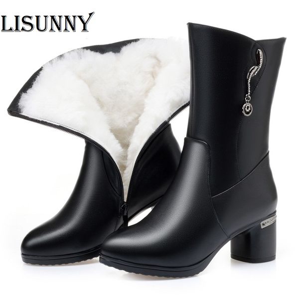 

winter long boots women 2020 new genuine leather women martins boots high-heeled fashion mid-calf, Black