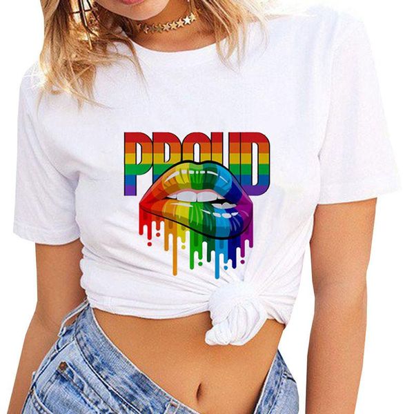 

личность радуга цветов рот печати женщина лето tshirt дизайнер краткая донна тройники вскользь lady top, White