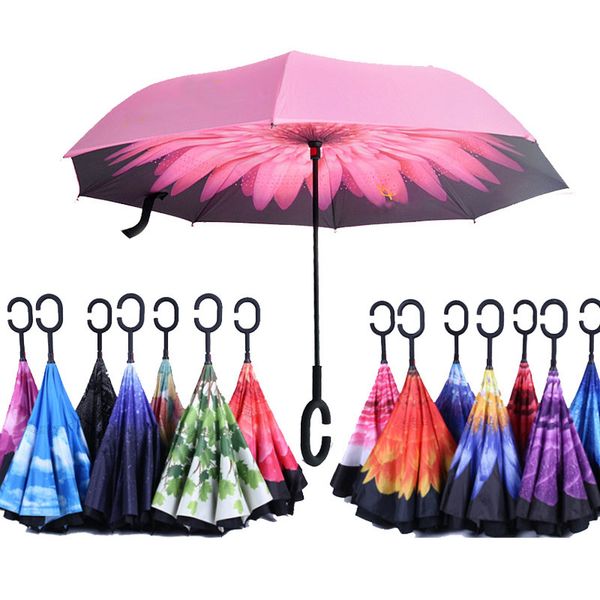 

c-hook рука ветрозащитный обратный складной зонт двойной слой перевернутый самостоятельно стоять наизнанку зонтик защиты от дождя может обес