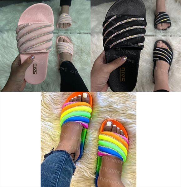 

wholesale women sandals slippers stylish ranbow color rhinestone shiny gradient club indoor holiday beachwear flat shoes stylish 0077, Black