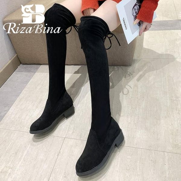 

rizabina women stretch boots lace up fashion over knee boots warm fur winter shoes women office lady heeled footwear size 35-39, Black