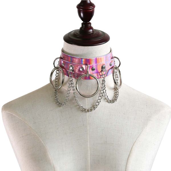 

metal chain leather necklace pink punk pastel goth strap adjustable art festival clothing rave body harness woman, Black;white