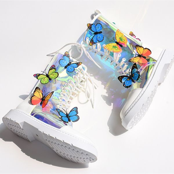 

boots transparent pvc colorful butterfly women design three-dimensional flower shoes lace up round toe female, Black