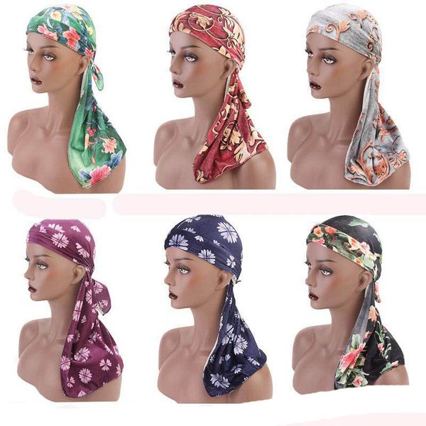 NUOVO Tessuto Velluto Stampa Floreale Durag Coda lunga Cinghie larghe du straccio Bandane doo straccio Turbante Fascia per capelli Fiore Accessori